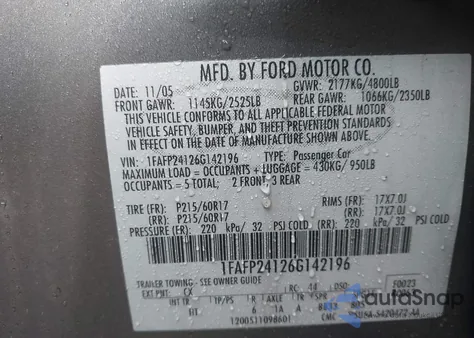 2006 Ford Five Hundred Sel z USA, uszkodzony, nr VIN 1FAFP24126G142196